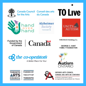 Logos of Xenia Concerts partners and sponsors. (Top left to bottom right): Canada Council for the Arts, TOLive, Hand Over Hand, Alzheimer Society Toronto, Unity for Autism, Government of Canada, WHRAN Holding Co, George C Hunt Foundation The Co-operators, Autism Ontario, Toronto Arts Council, Ontario Arts Council