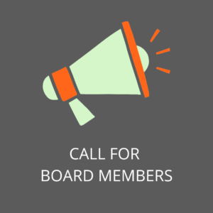 A picture of a megaphone with the words "call for board members" below it