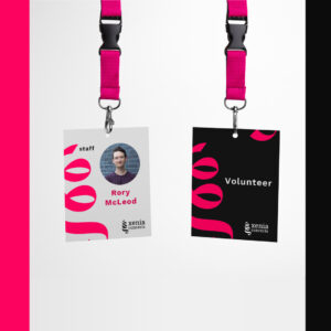 A mock-up of nametags using the new Xenia Concerts logos and branding colours